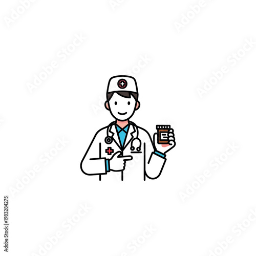 Smiling pharmacist holding medication bottle.