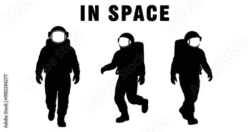 Astronauts in silhouette walking during a space exploration with clear white background