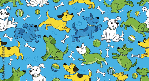 Colorful cartoon dogs and bones pattern.