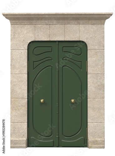 Classic double entrance door with decorative panels and architectural stone frame