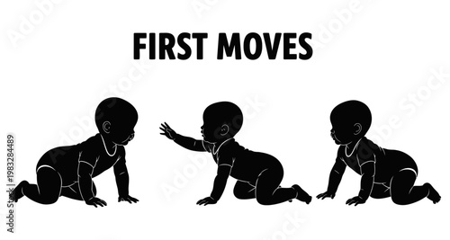 Baby's developmental milestones silhouette showing crawling progression against white background