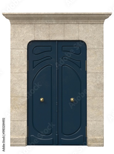 Classic double entrance door with decorative panels and architectural stone frame