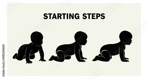 Baby's silhouette progression from crawling to first steps on light background