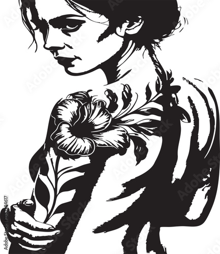 a woman with a tattoo on her shoulder and back posing in a black and white portrait, ideal for marketing, advertising, or lifestyle concepts