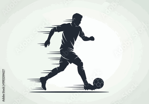 Silhouette of a soccer player dribbling a ball with motion blur effect.