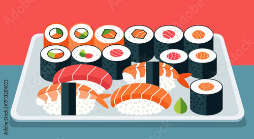Variety of sushi on a plate.