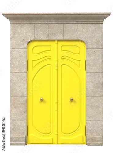 Classic double entrance door with decorative panels and architectural stone frame