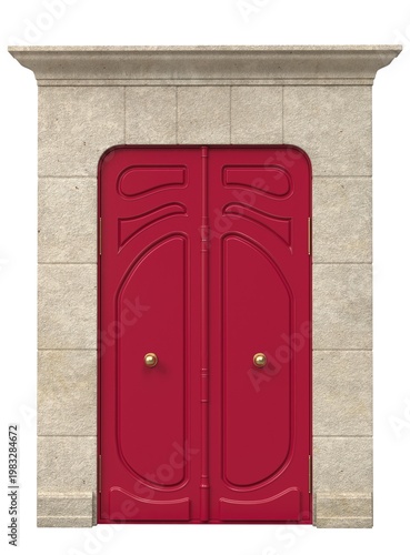 Classic double entrance door with decorative panels and architectural stone frame