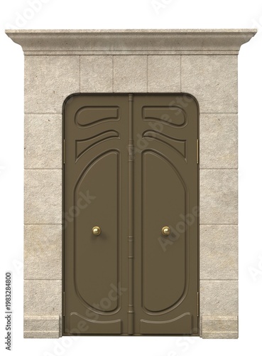 Classic double entrance door with decorative panels and architectural stone frame