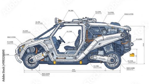 Detailed vector 2D CAD illustration of a futuristic car's internal mechanics and design