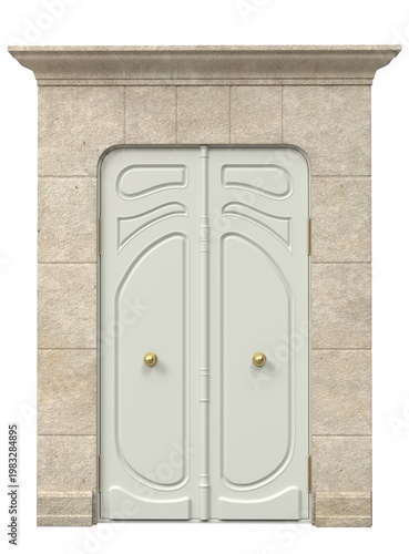 Classic double entrance door with decorative panels and architectural stone frame