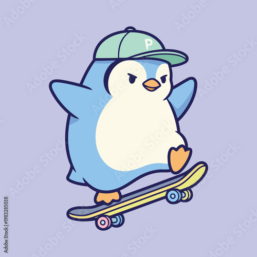 Vector a cartoon penguin wearing a green baseball cap rides a skateboard on a purple background with a cool expression on its face