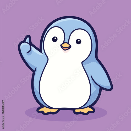 Vector cute cartoon penguin waving on purple background