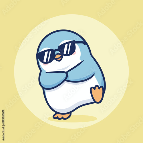 Vector a cartoon penguin wearing sunglasses on a yellow background looking cool and relaxed