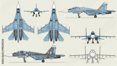 Detailed vector 2D CAD drawings of a fighter jet from various angles