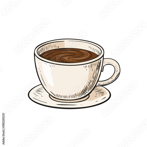 Illustrated coffee cup with saucer isolated on white background vector