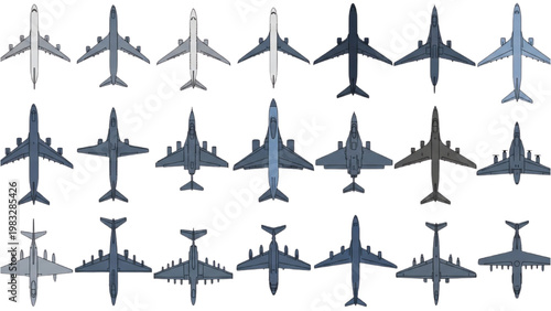 Various vector 2D CAD airplane designs in multiple colors and styles.