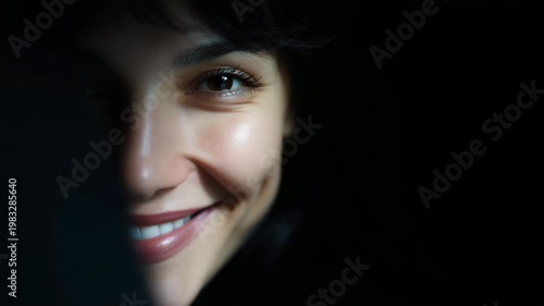 Moody portrait of mysterious dark haired woman, cinematic beauty in low light, sensual dramatic gaze, windblown hair, elegant dark fashion concept mysterious woman, dark hair, cine