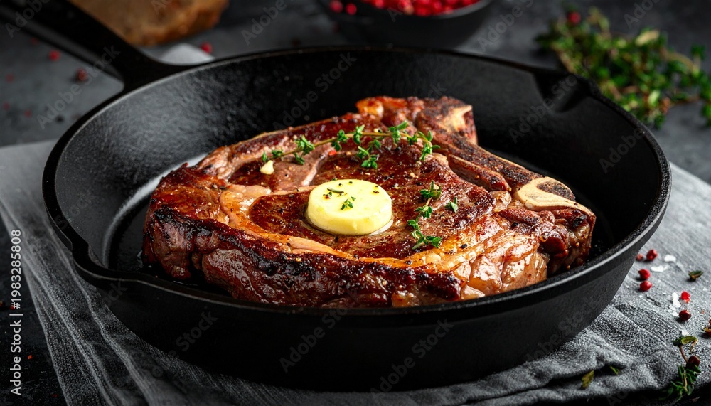 Fototapeta premium Grilled steak ribs sizzling in a cast iron skillet with butter and herbs on a rustic table indoors.
