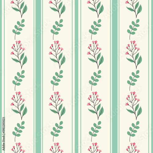 A seamless floral striped pattern with Regency-style flowers. Perfect for fabrics, wallpaper, packaging, and romantic country-style designs.