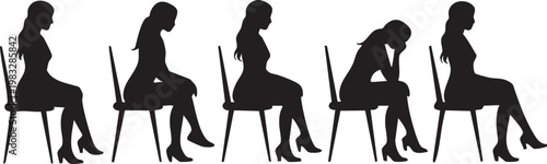 This image features a series of five black silhouettes of women sitting on chairs in various poses, conveying a sense of emotion and mood. The illustration could be used for a variety of commercial pu