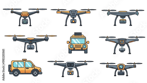 Vector 2D CAD illustrations of drones and a van on a map