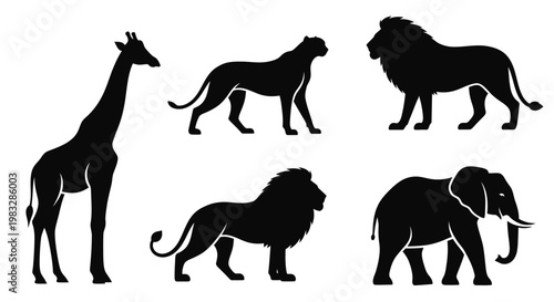 African Safari Animals Silhouettes Set - Giraffe, Lion, Elephant Vector Illustration
