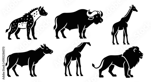 African Safari Animals Silhouettes Set: Hyena, Buffalo, Giraffe, Wildebeest, Lion Icons
