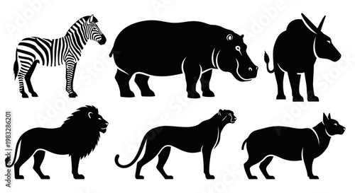 African Wildlife Silhouettes Collection: Zebra, Hippo, Lion, Panther, Antelope, Wild Dog