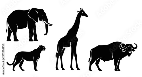 African wildlife silhouettes: elephant, giraffe, leopard, and buffalo. Safari animals set.