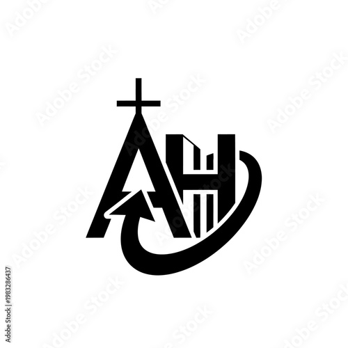 Elegant AH Letter Logo with Cross and Upward Arrow Chart, Symbolizing Spiritual Growth and Charitable Success on Isolated White Background