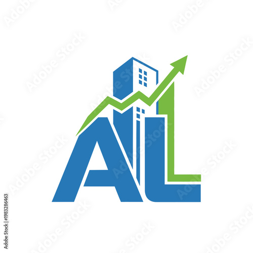 AL Initial Logo with Building and Upward Growth Chart, Real Estate Investment and Property Development on isolated white background