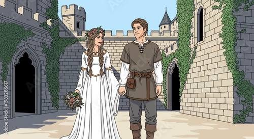 Medieval couple walking hand in hand.