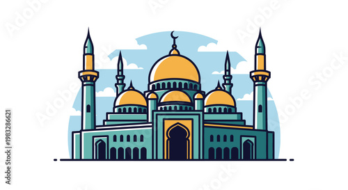 Large Mosque with Golden Domes Towers.