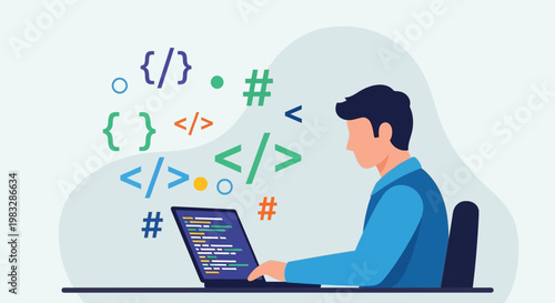 Man Working on Laptop with Code.