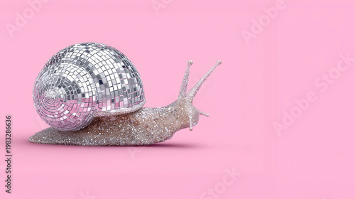 A snail with a shell shaped like a disco ball, standing on a flat pink background surface, creating a playful and surreal concept scene.