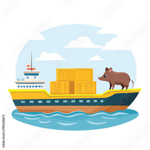Cartoon illustration of a cargo ship transporting containers with a wild boar