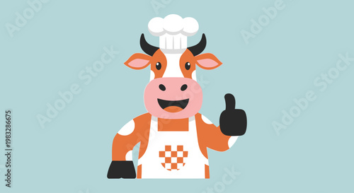 Cartoon cow wearing chef hat apron.