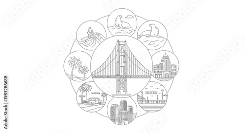 Iconic landmarks and travel destinations illustration.