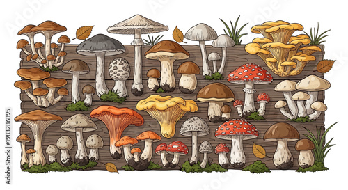 Variety of colorful mushroom species.