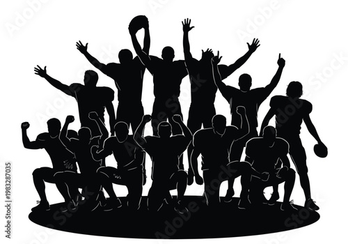 A silhouette of an American football team celebrating victory with players raising arms and holding a football.