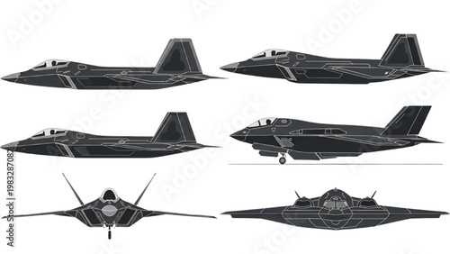 Vector 2D CAD designs showcase sleek futuristic aircraft from multiple angles.