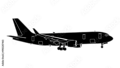 Vector 2D CAD illustration of airplane silhouette with wheels down in flight
