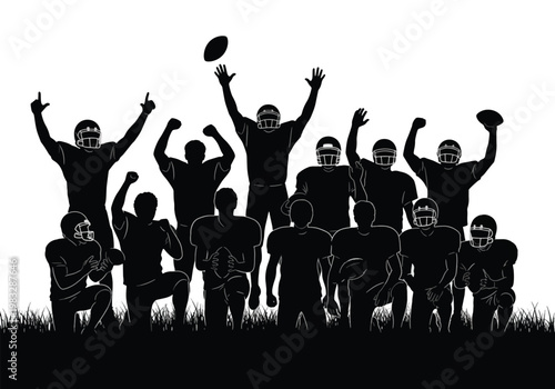 Silhouettes of an American football team celebrating victory on a grassy field.