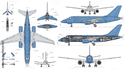Detailed vector 2D CAD drawings of airplane components and structures