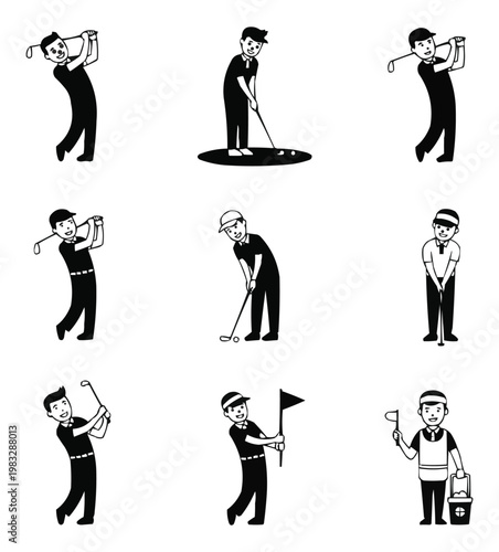 "Golf Man Character Poses Set Cartoon Flat Vector Black White Swing Putting Holding Flag Caddie Icon Pack"