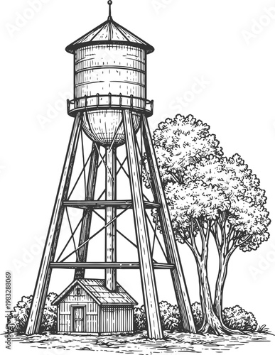 Vintage Water Tower in Black and White Detailed Line Art Illustration