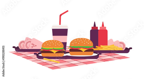 Flat design illustration of a classic fast food combo meal with two burgers, fries, soda, and condiments on a checkered tablecloth