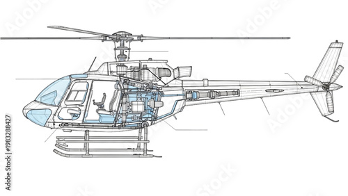 Detailed vector 2D CAD illustration of a helicopter's internal mechanics and structure
