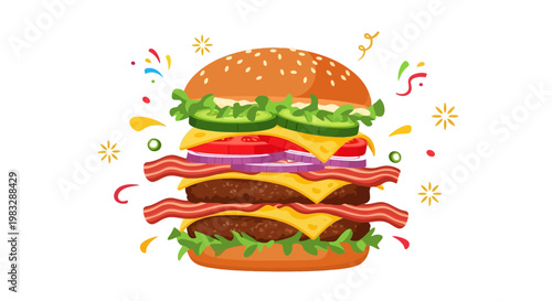 Delicious double cheeseburger with crispy bacon and fresh vegetables, surrounded by festive confetti, perfect for a joyful meal or celebration